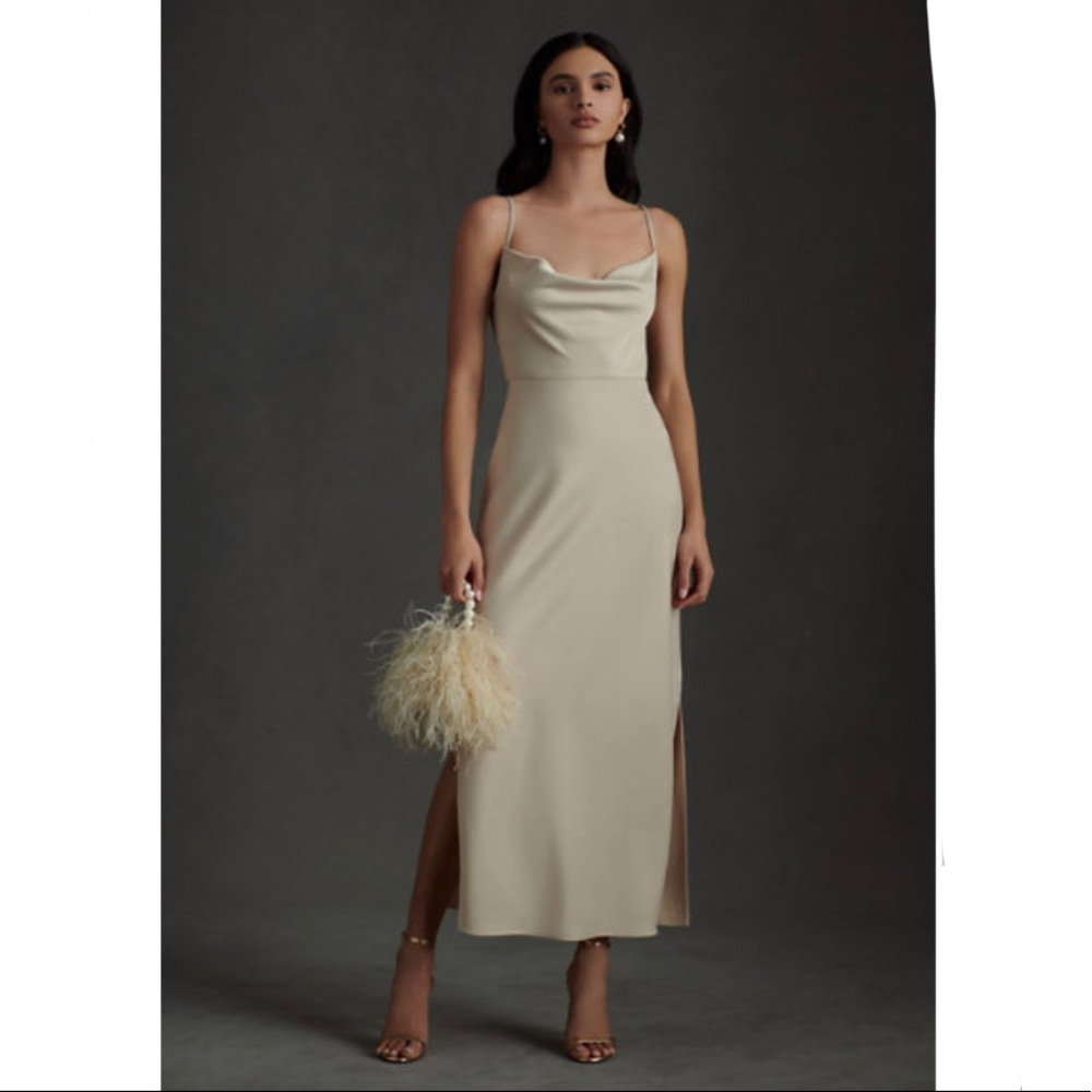 BHLDN Cali Satin Charmeuse Midi Dress in Champagne
